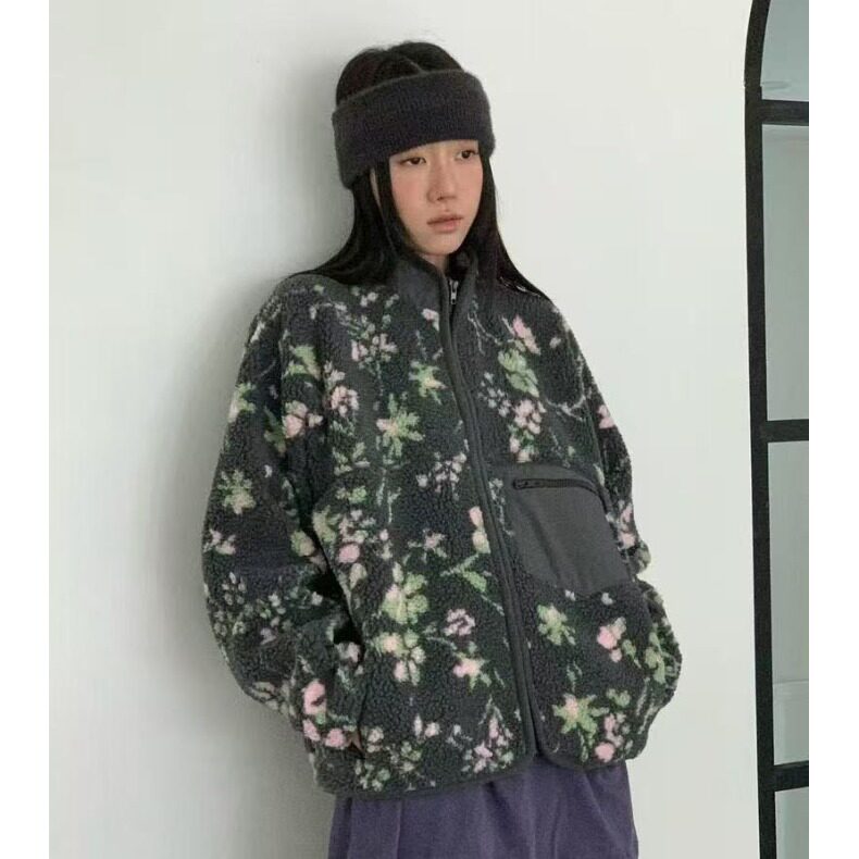 韩国chic复古碎花羊羔毛夹棉加厚棉服外套女2026秋冬新品开衫女