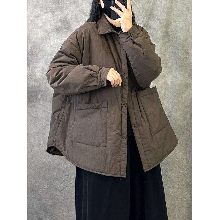 2026秋冬装新款复古港拼接大口袋薄棉衣棉服大码胖MM休闲保暖外套