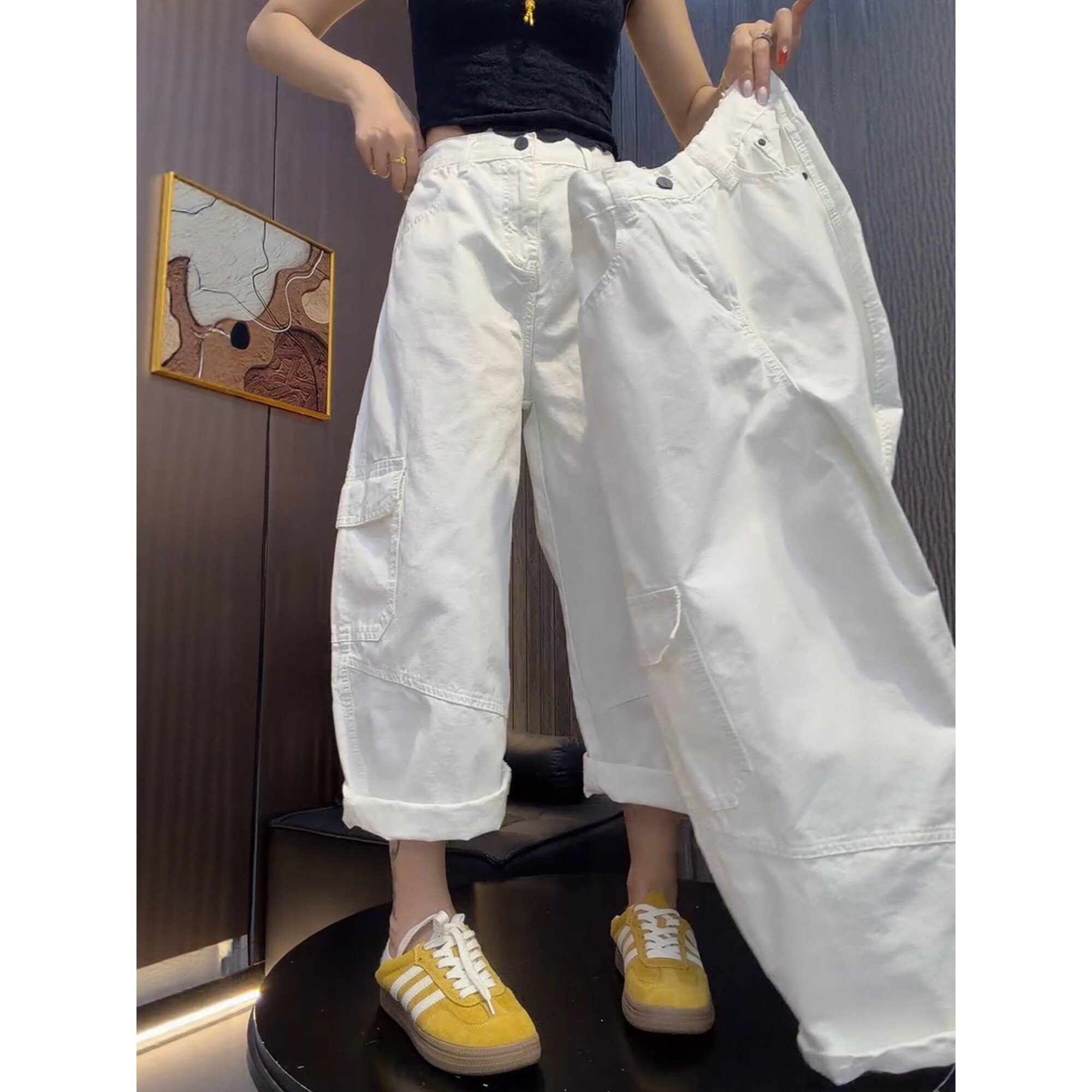 胖MM洋气白色高腰阔腿工装裤女款2026夏季大码显瘦宽松休闲牛仔裤