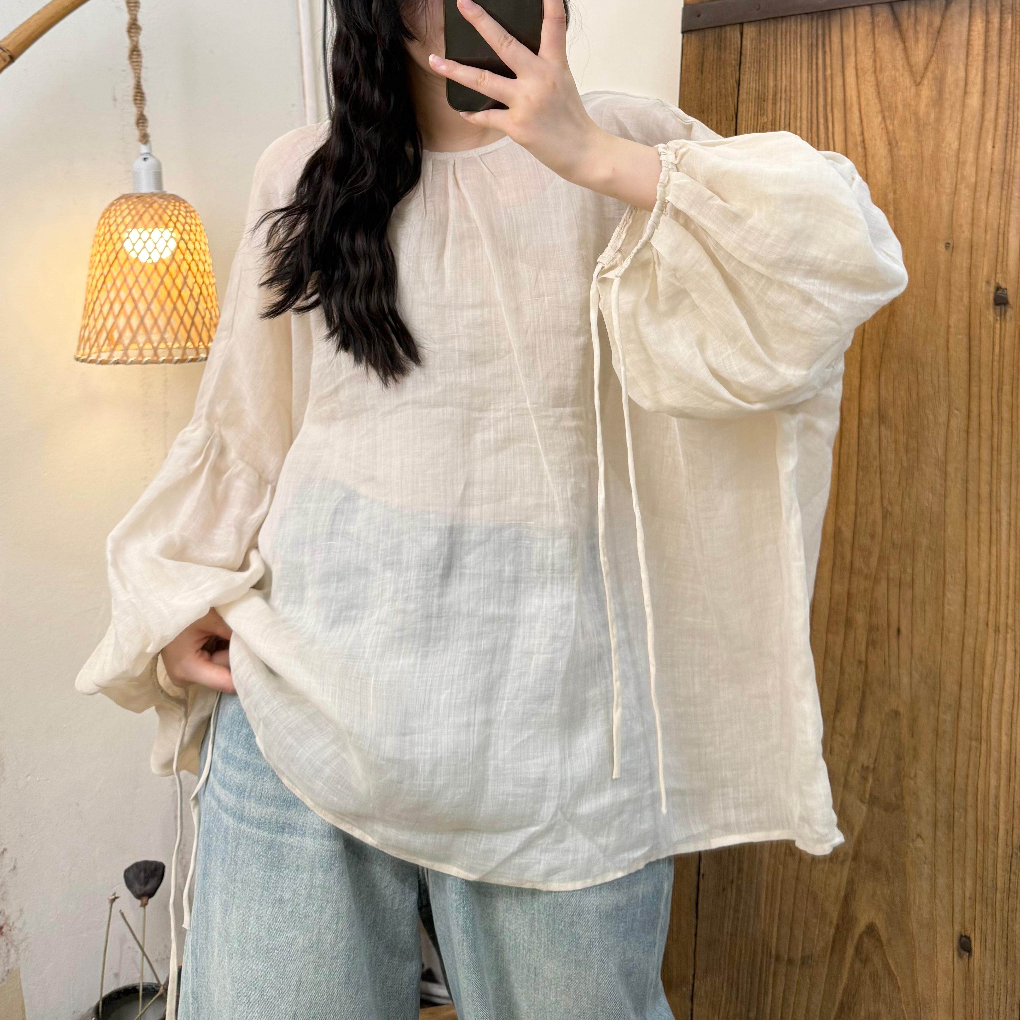 2026夏季新款大码胖MM清透感苎麻大版圆领套头抽绳长袖上衣女