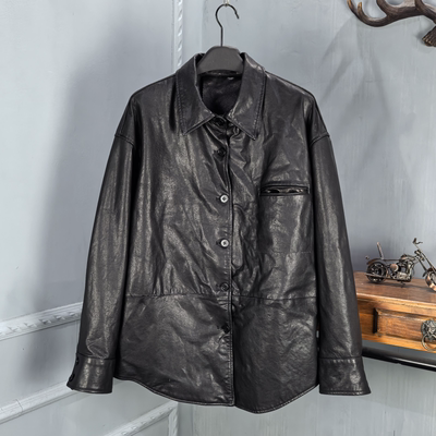 2025秋季新款真皮绵羊皮皮衣女中长款翻领长袖皮衬衫男友风