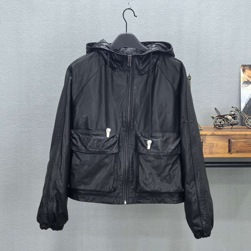 2026冬季新款真皮羽绒服女连帽油蜡牛皮大口袋宽松保暖外套