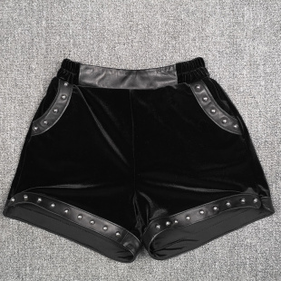 子热裤 欧洲站2025秋季 女绵羊皮拼金丝绒短裤 真皮短裤 松紧腰 新款