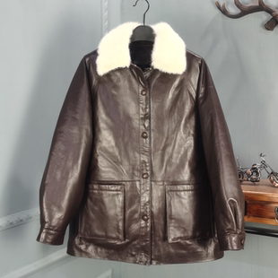 2026冬季新款真皮羽绒服女中长款绵羊皮水貂毛领真皮鹅绒机车夹克