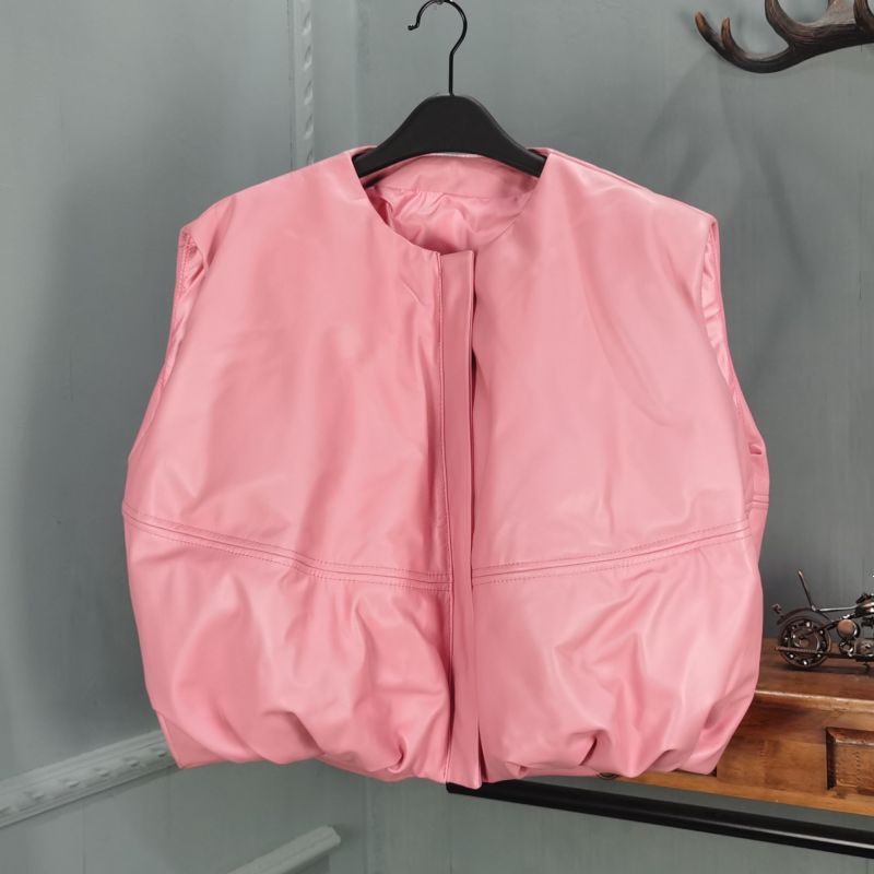 2025冬季新款真皮羽绒马夹女绵羊皮宽松休闲短款圆领面包服