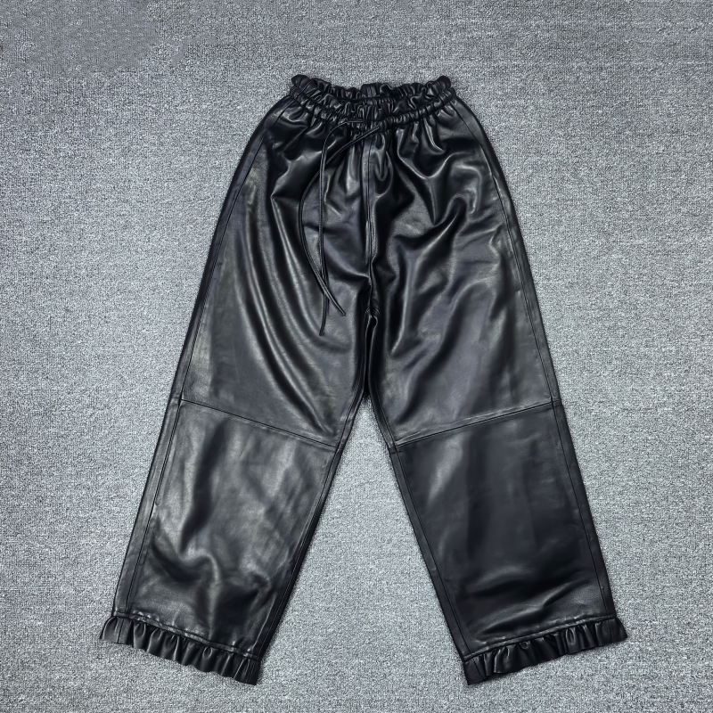 海宁2025秋冬新款真皮绵羊皮皮裤女松紧腰木耳边休闲阔腿裤九分裤