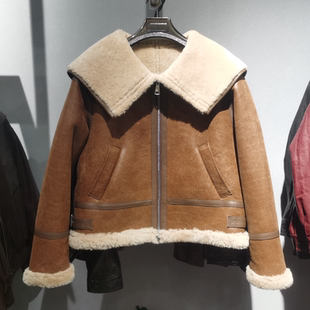 海宁2025冬季新款海军领羊羔毛短款皮毛一体皮草外套保暖夹克