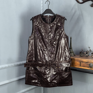 2026秋季新款真皮连衣裙女圆领牛皮油蜡背心裙显瘦A字裙修身