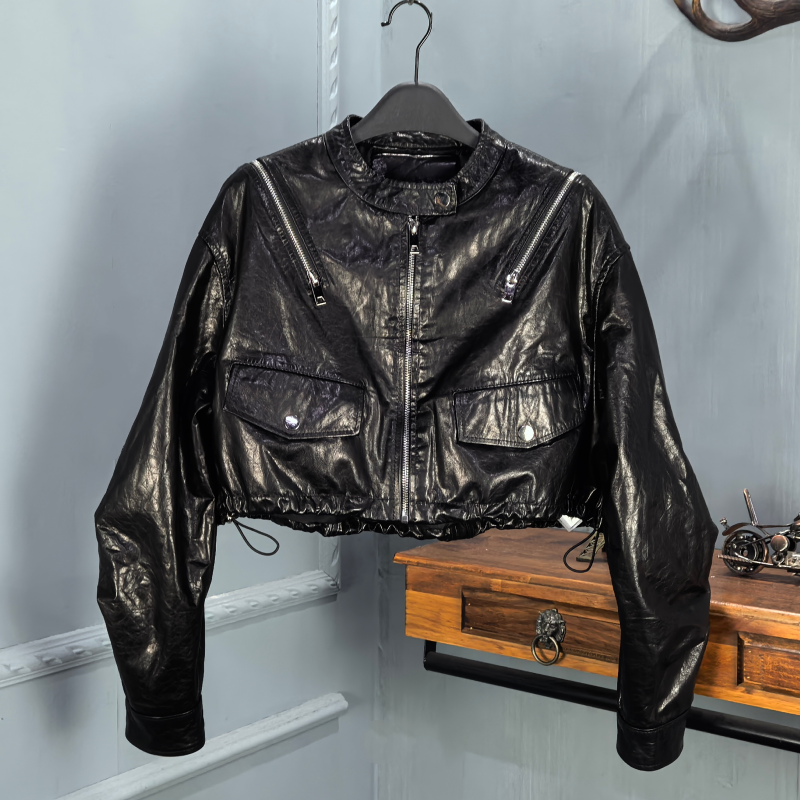 欧货2025秋季新款真皮皮衣女短款牛皮油蜡宽松显瘦机车夹克外套