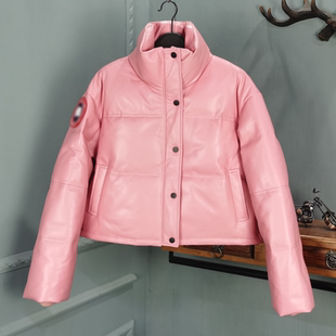 欧货2025冬季新款真皮粉色立领绵羊皮羽绒服女白鸭绒短款保暖外套