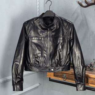 真皮立领绵羊皮皮衣女简约时尚拉链短款机车夹克外套高腰2026春