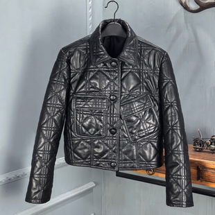 网红同款真皮绵羊皮棉服女2025秋季新款菱格修身短款外套