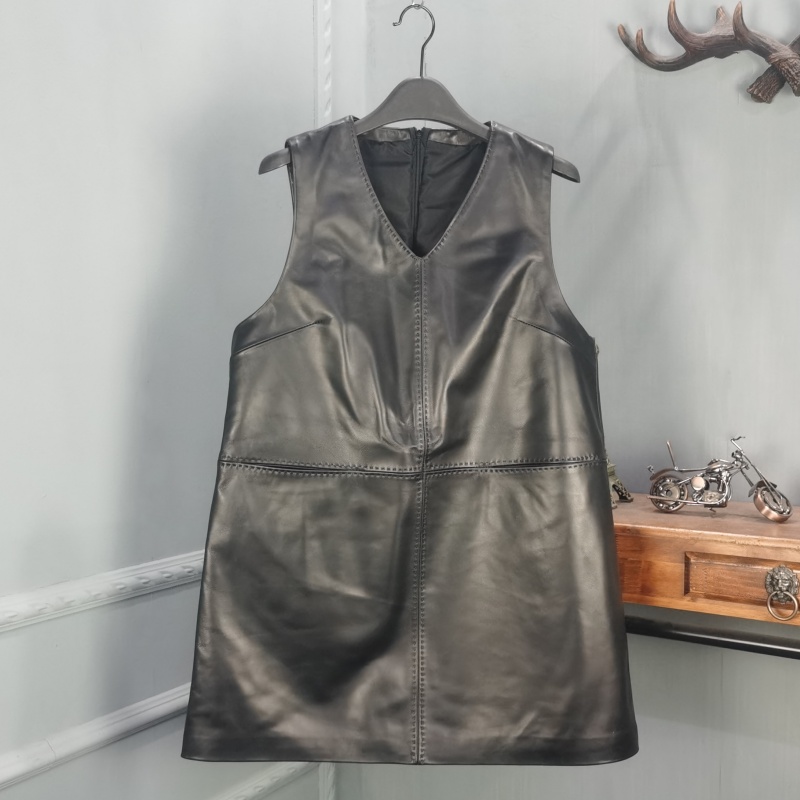 通勤A字裙真皮纯色无袖