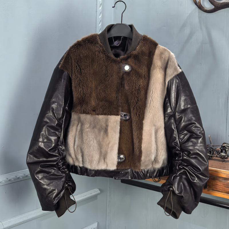 海宁2025冬季新款羽绒服女绵羊皮短款水貂毛棒球服皮草外套