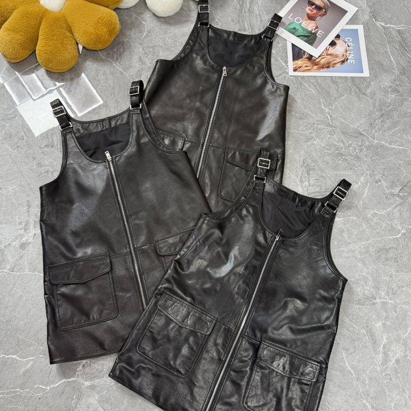 2025冬季真皮圆领绵羊皮连衣裙女无袖中长款背带裙背心裙