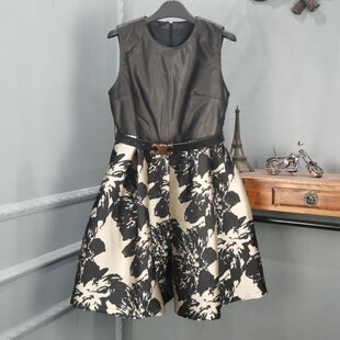 真皮连衣裙圆领拼接印花无袖绵羊皮收腰百褶裙女网红同款