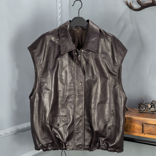 时尚简约真皮绵羊皮马甲女翻领中长款休闲宽松无袖坎肩宽松外套