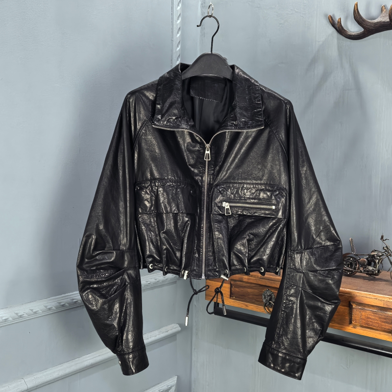 2026春季新款真皮皮衣女牛皮油蜡口袋时尚宽松机车夹克飞行服