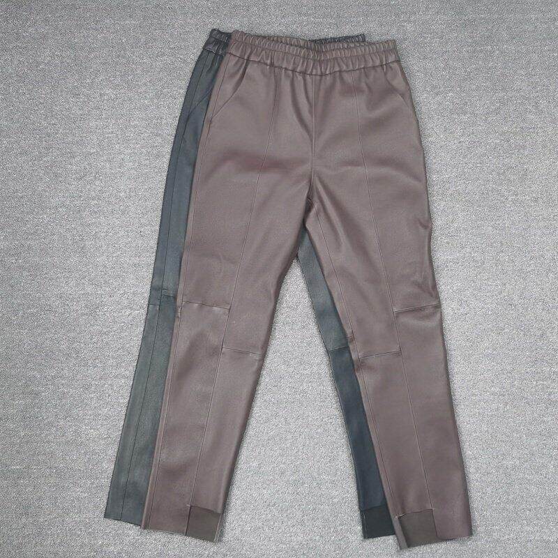 欧货2026春季新款真皮松紧腰绵羊皮皮裤女弹力铅笔裤净版九分裤