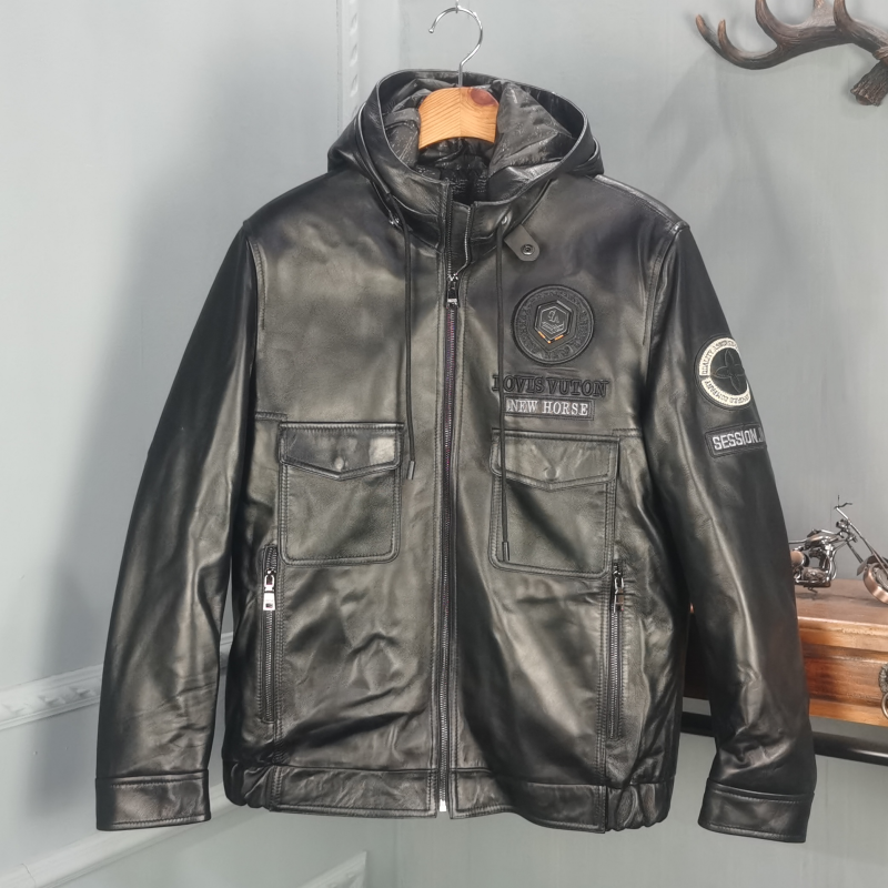 欧品唯格商务休闲连帽真皮皮衣