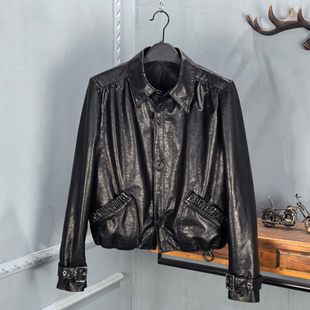 新款 夹克外套2026春季 真皮油蜡牛皮皮衣女翻领短款 刘亦菲同款