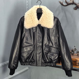2025冬季新款真皮羊羔毛领绵羊皮羽绒服女短款机车夹克鹅绒外套