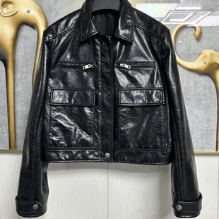 2025春季新款油蜡皮真皮皮衣女翻领陈太太同款皮夹克短外套