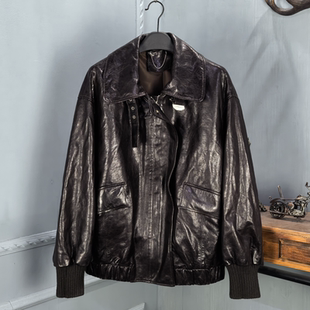 2025春季新款真皮翻领油蜡皮皮衣女陈太太同款宽松飞行员皮夹克