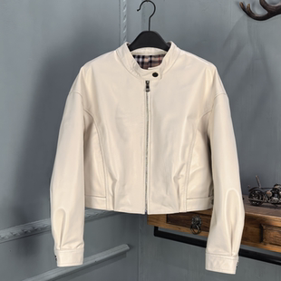 机车夹克小个子 真皮皮衣女简约绵羊皮立领复古短款 2026春季 新款