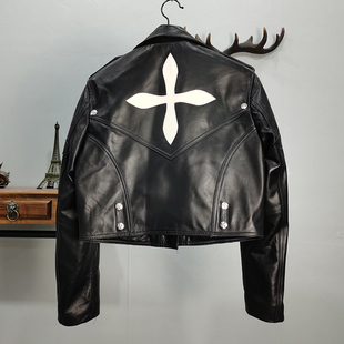 网红陈太太同款2025秋季新款真皮皮衣女短款绵羊皮十字机车皮夹克
