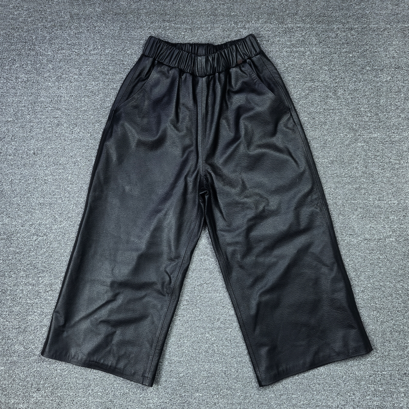 2025冬季新款真皮皮裤女松紧腰休闲阔腿裤牛皮八分裤时尚百搭