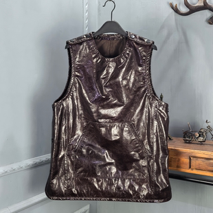 2026早春新款真皮皮裙女圆领油蜡牛皮宽松连衣裙复古背心裙中长款