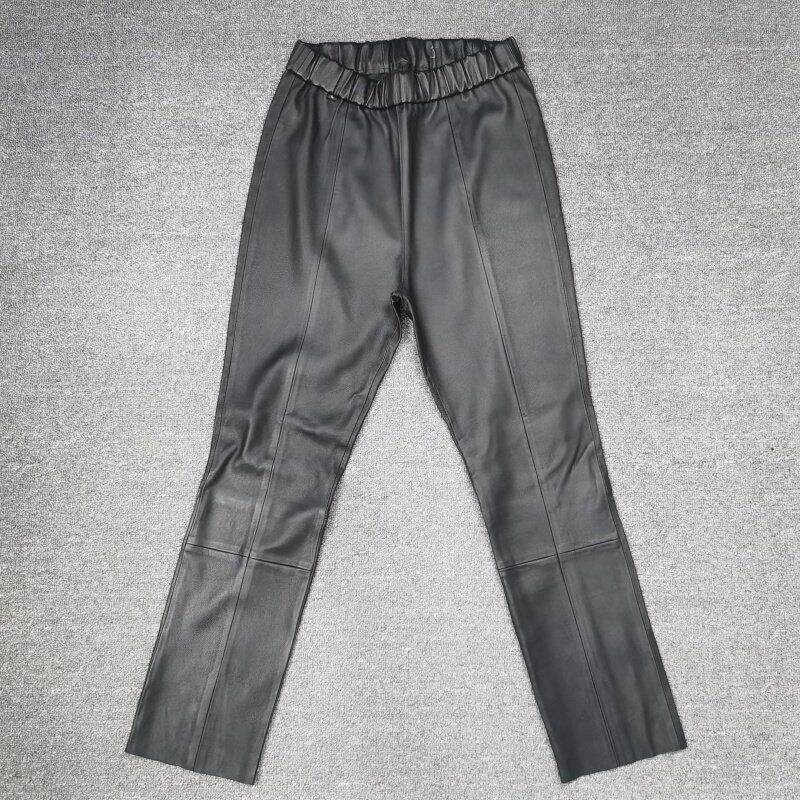 欧洲站春季真皮皮裤绵羊皮高弹力紧身裤女修身显瘦直筒裤九分裤