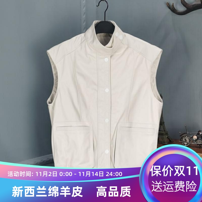 欧货2025秋季时尚新款真皮马夹女绵羊皮立领工装马甲无袖坎肩