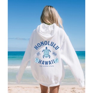 Printed hooded long sleeved casual top印花连帽长袖休闲上衣女