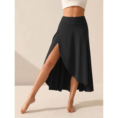 纯色高腰侧开叉半身裙女High waisted side slit skirt for women