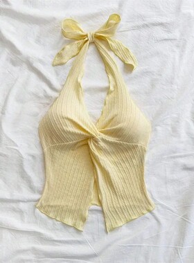 纯色蝴蝶结挂脖小背心女Bow hanging neck vest women's clothing