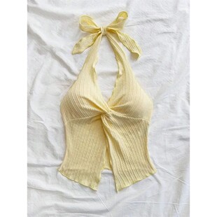 纯色蝴蝶结挂脖小背心女Bow hanging neck vest women's clothing