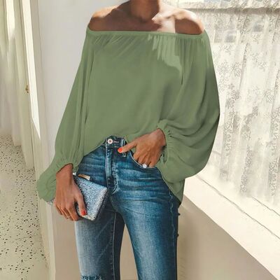Solid color one shoulder lantern sleeve top 一字肩灯笼袖上衣