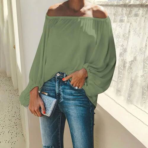 Solid color one shoulder lantern sleeve top 一字肩灯笼袖上衣