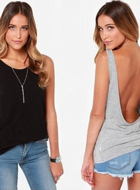 Solid Color Open Back Slim Fit Stretch Tank Top纯色露背T恤女