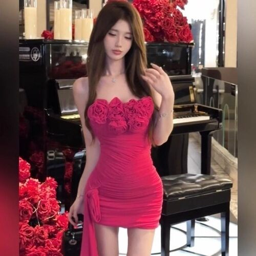法式抹胸立体花抽褶包臀连衣裙