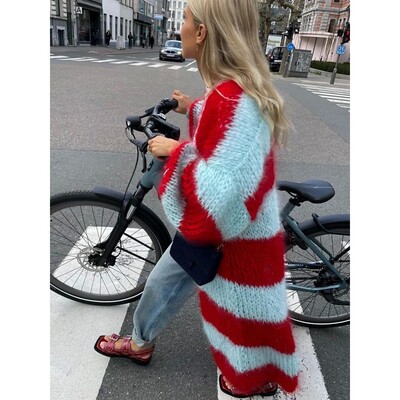 Contrast striped casual long jacket 女士撞色条纹休闲长款外套