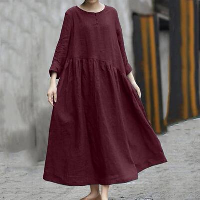 Solid Color Cotton Linen Long Sleeve Swing Dress纯色麻连衣裙