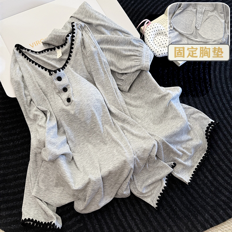 莫代尔长袖带胸垫女款睡衣可外穿