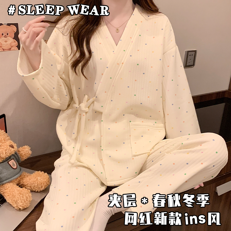 保暖和服家居服网红套装高颜值韩版长袖女士空气棉春秋款夹层睡衣