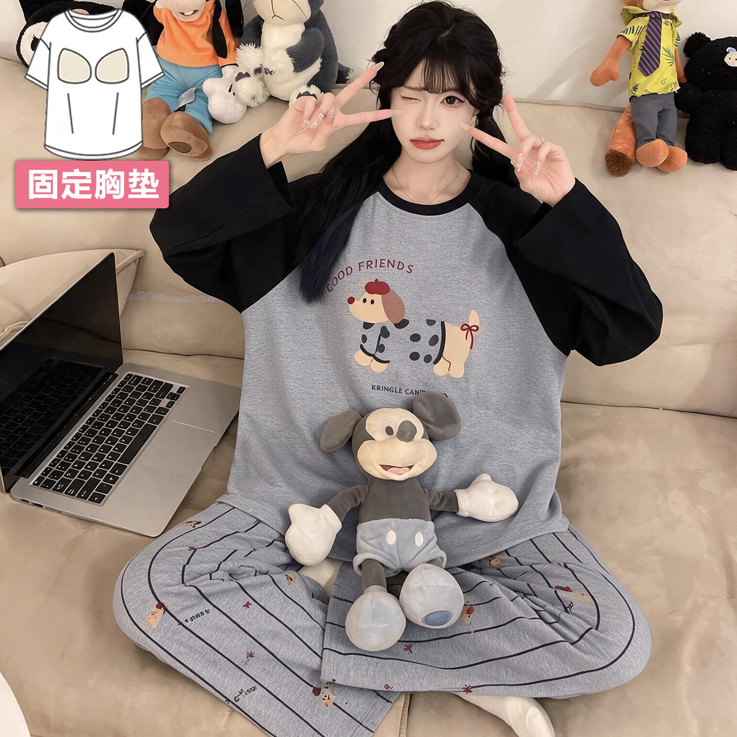 可外穿薄款带胸垫女卡通睡衣套装