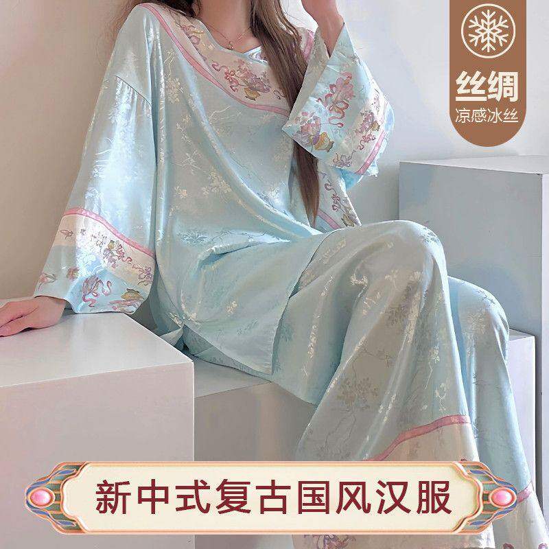 女款冰丝睡衣春秋季薄款丝绸凉感长袖印花宫廷国风套装套头家居服