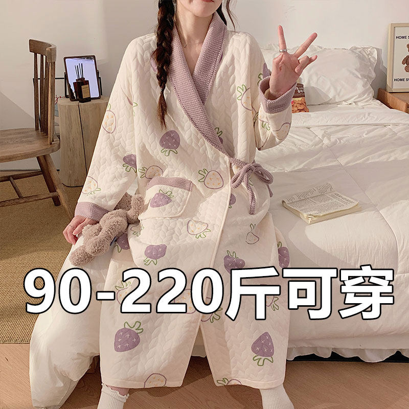 浴袍秋冬款加厚纯棉夹层长袖睡衣