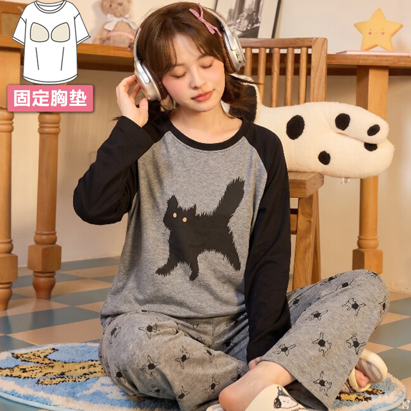 卡通长袖2026新款带胸垫睡衣可外穿圆领女款韩版春秋季家居服套装